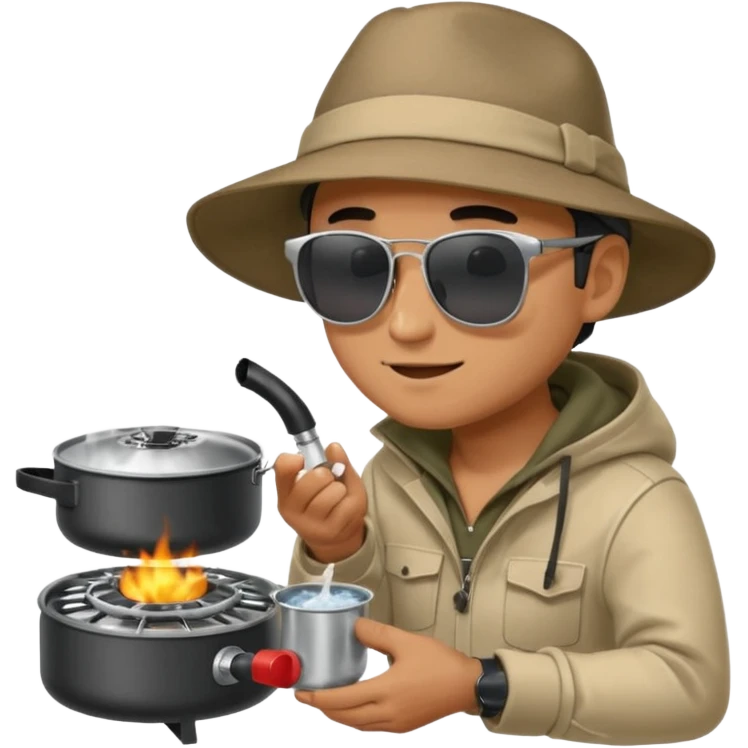 A man camper boiling water on a portable stove, enjoying the outdoor emoji