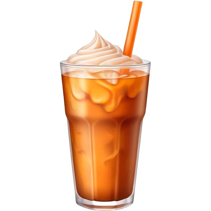 Cinematic Realistic Thai Ice Tea Drink Emoji, depicted as a chilled glass of sweet, creamy iced tea rendered with vivid textures and refreshing, dynamic lighting. emoji