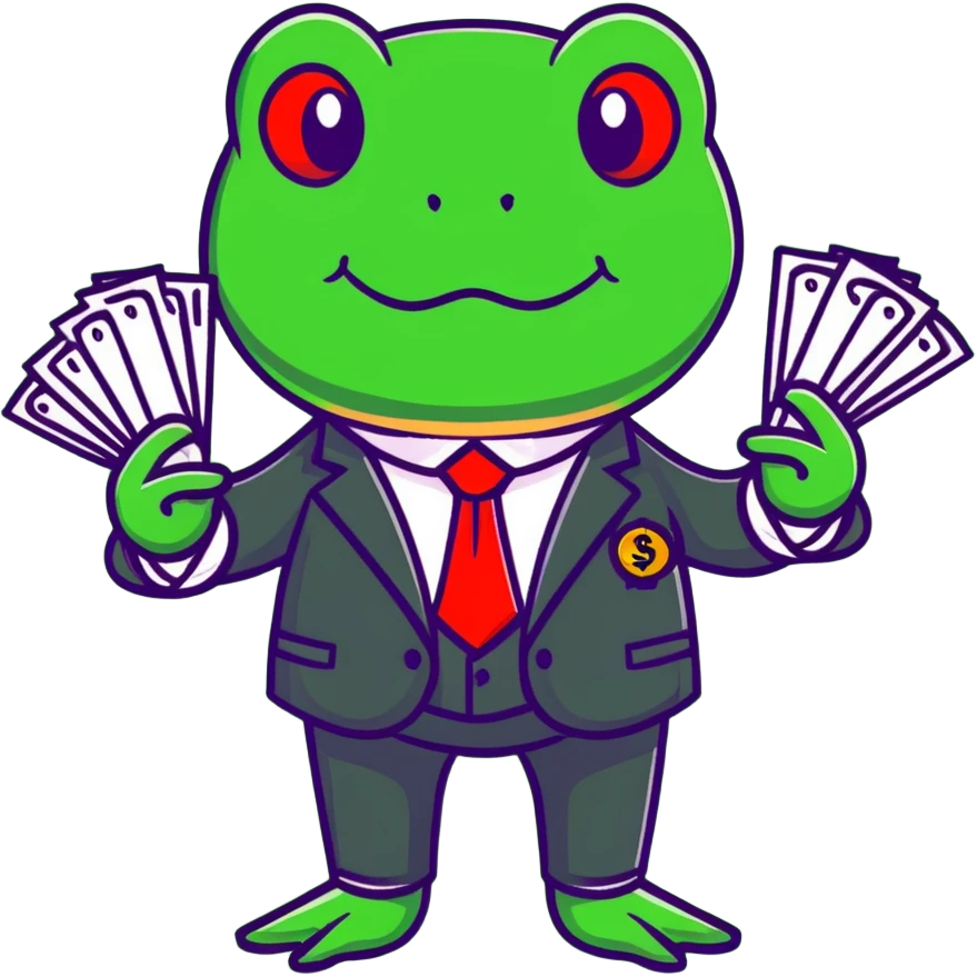 frog character in a fancy green suit holding money emoji