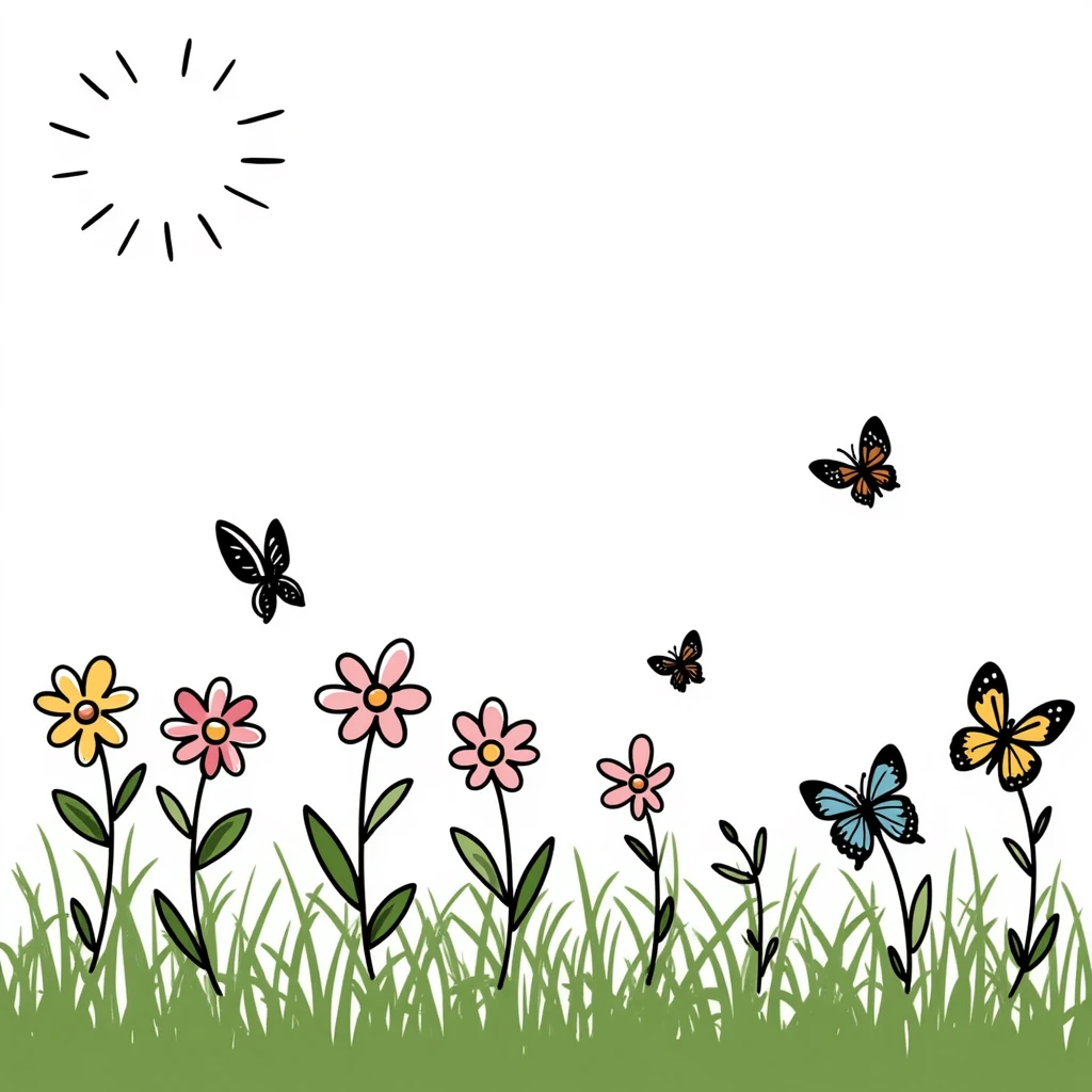 spring theme with blooming flowers, green grass, butterflies, and sunshine in pastel colors dd9fb0, ffc6d3, a3bfc9, c4bee2, f1b091, detailed hand-drawn doodle style emoji