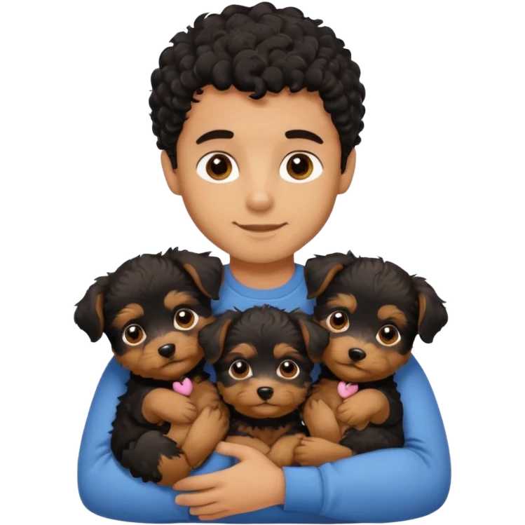 Young man with little brown skin, black curly hair, cheerful dark brown eyes, hugging two baby puppies Yorkie Breed emoji