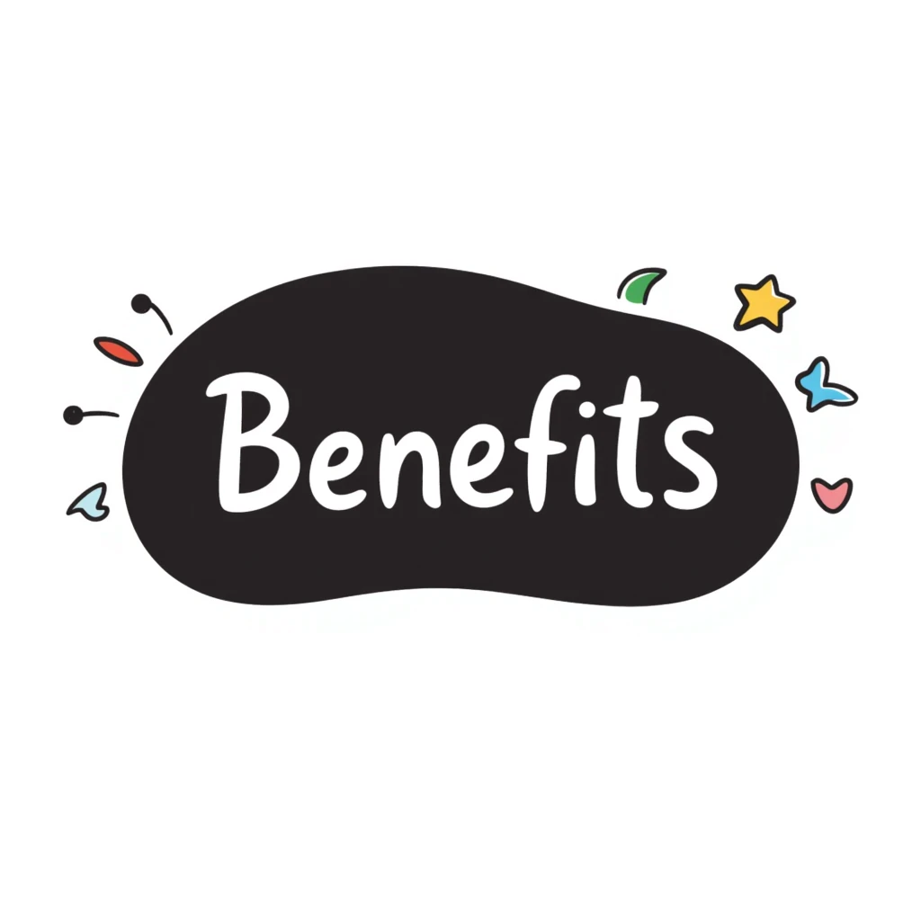 The word "Benefits" hand-drawn in white text with a dark background and just a few colorful accents. Simple doodle style with minimal decoration. emoji