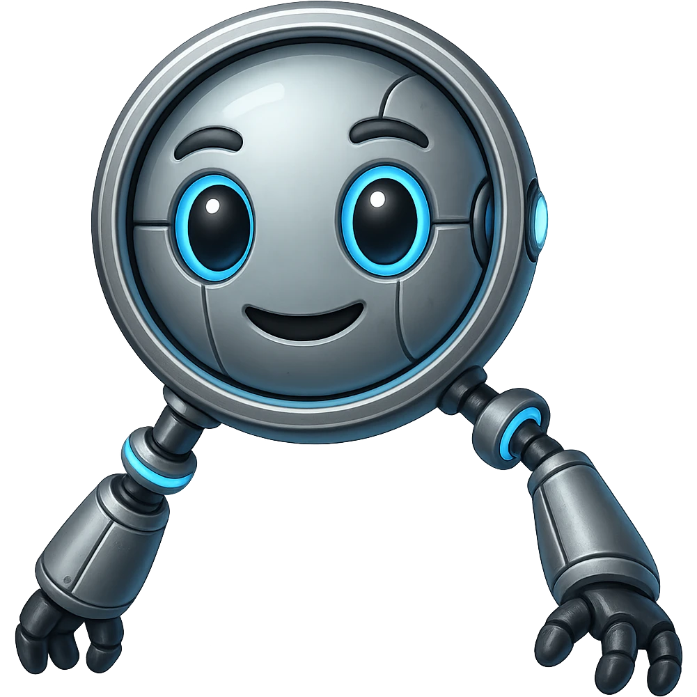 Make this magnifying glass look robotic with metallic textures, robotic joints, and glowing blue accents. Keep the emoji style and no background. emoji