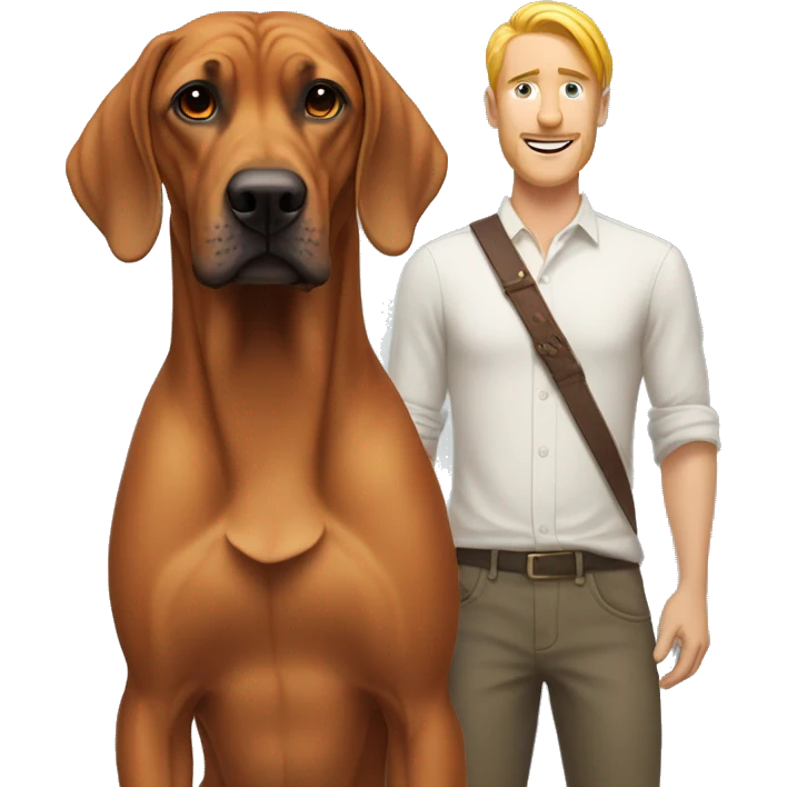 white male with long rainbow colored hair standing alongside a brown rhodesian ridgeback emoji