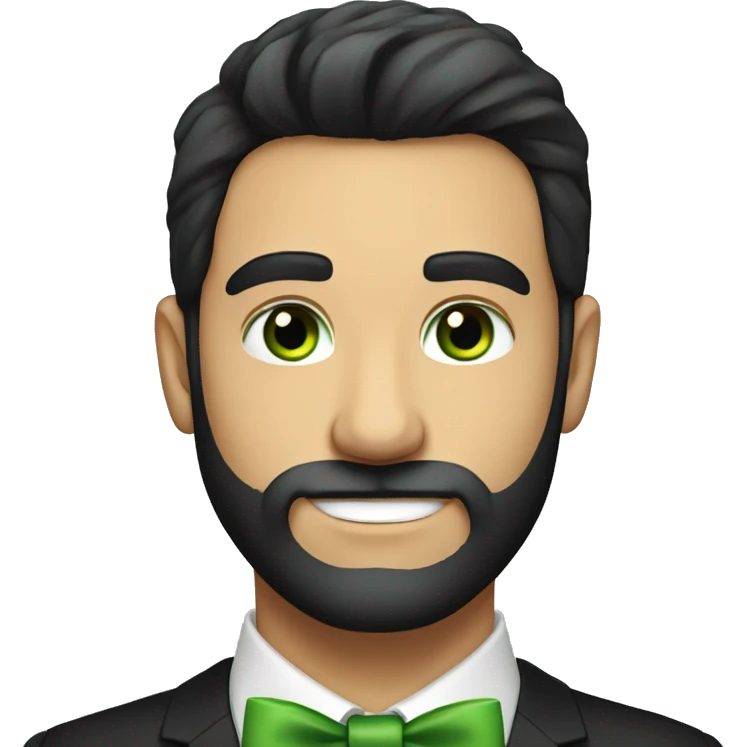 Young round face handsome man with bow tie and green eyes and full beard, black hair  emoji