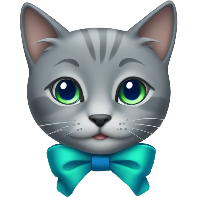 Gray cat with a blue bow and green eyes emoji