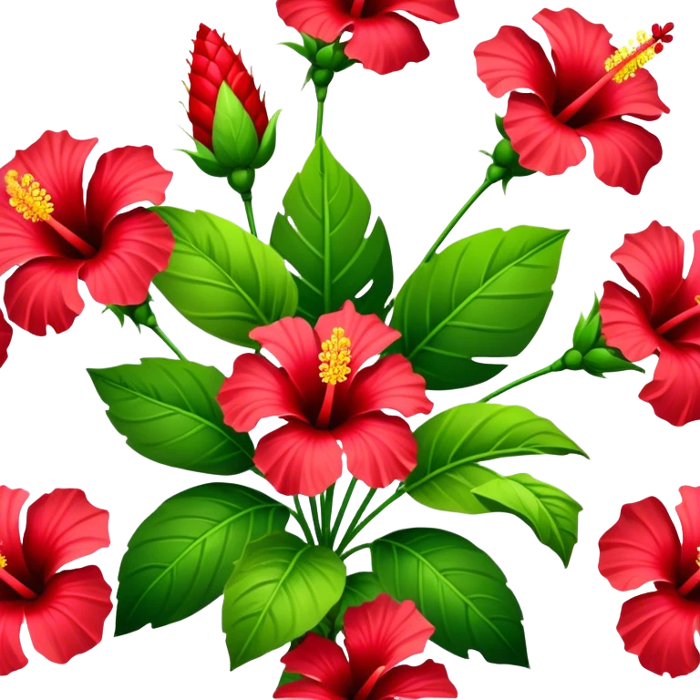 bouquet red Hawaiian hibiscus, luxuriant, stem, leaf, bud emoji