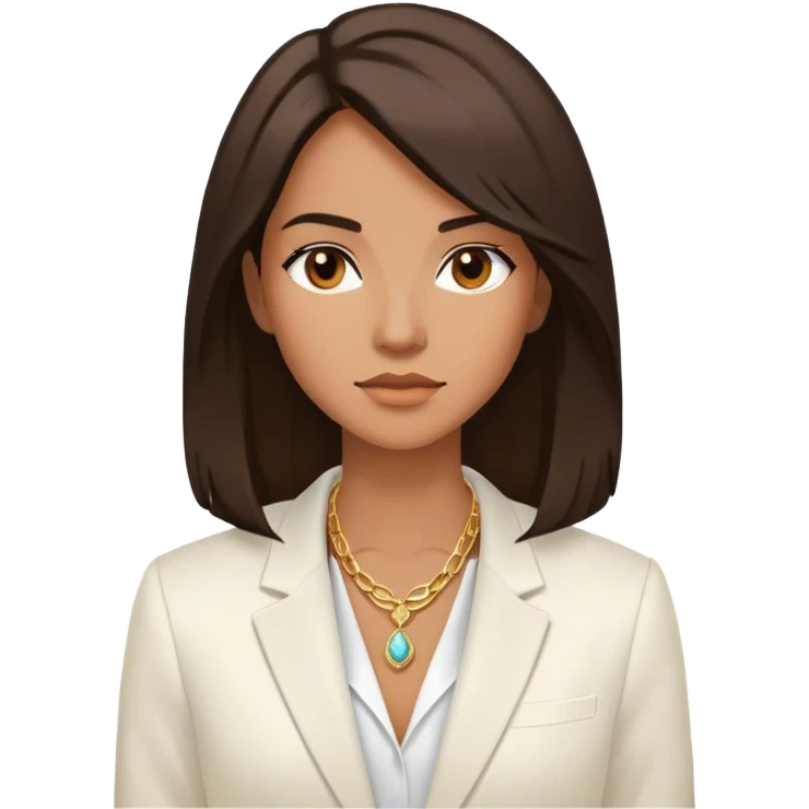 Emoji femenino con cabello suelto medio largo hasta los hombros color castaño oscuro. Tono de piel bronceado. Viste blazer color blanco y blusa de vestir blanca. Lleva tres collares  dorados sin piedra. Minimalista, clasico emoji