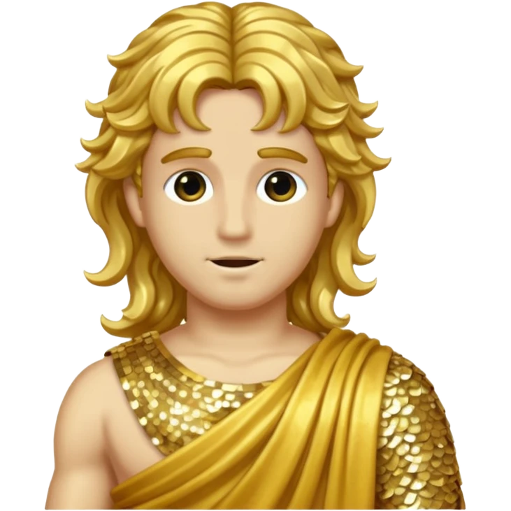 Mercury from Roman Deities with long gold wavy hair, gold sequin toga emoji