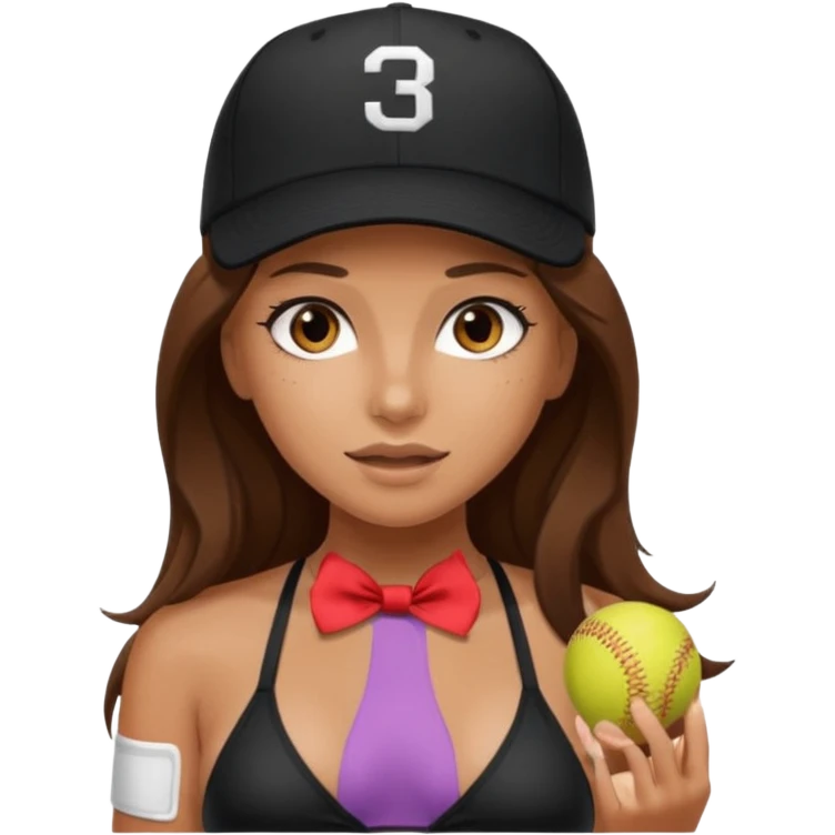 A tanned girl's face long brown hair with baseball black cap wearing black bikini emoji