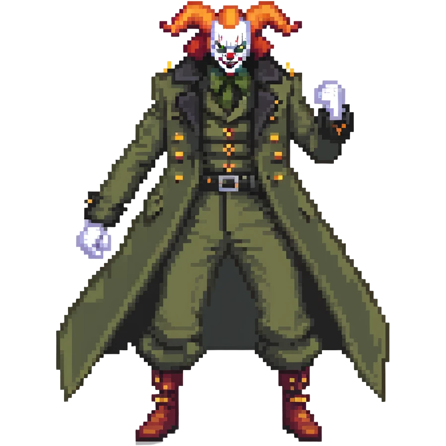 evil clown soldier, bald, small black horns on forehead, fangs, pointed ears, eye patch over one eye, long coat over black and military green clothes with bellbottom pants, tail, realistically proportioned, less bulky, full body, fighting stance emoji