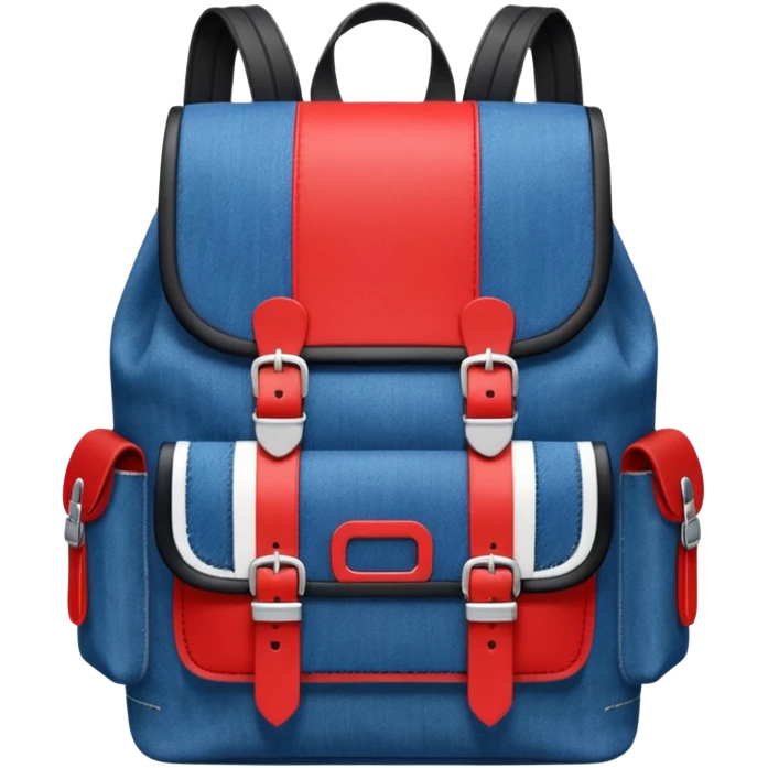 Minimalist emoji-style icon of a stylish blue denim backpack with a flap top, two vertical black buckle straps, a large red-white-navy horizontal block in the center, and two zipper side pockets. Inspired by Tommy Jeans design. Front view, cartoon-like, clean design.

 emoji