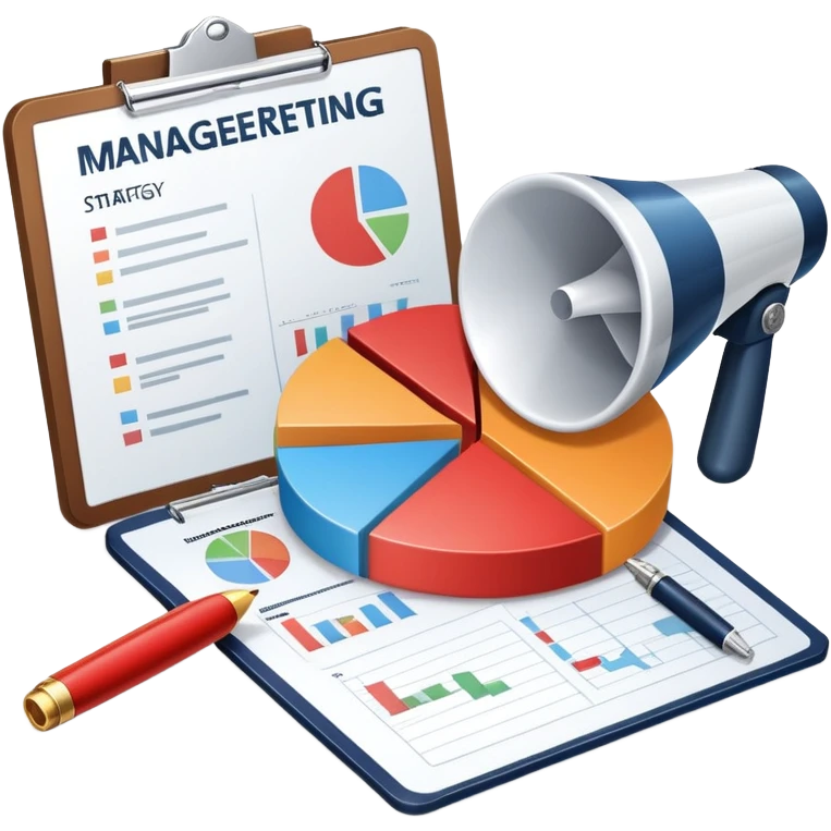 An icon featuring a pie chart, a megaphone, and a clipboard with strategy plans, symbolizing management and marketing. The design includes upward-trending graphs set against a modern office backdrop. Transparent background emphasizes business strategy and communication. emoji