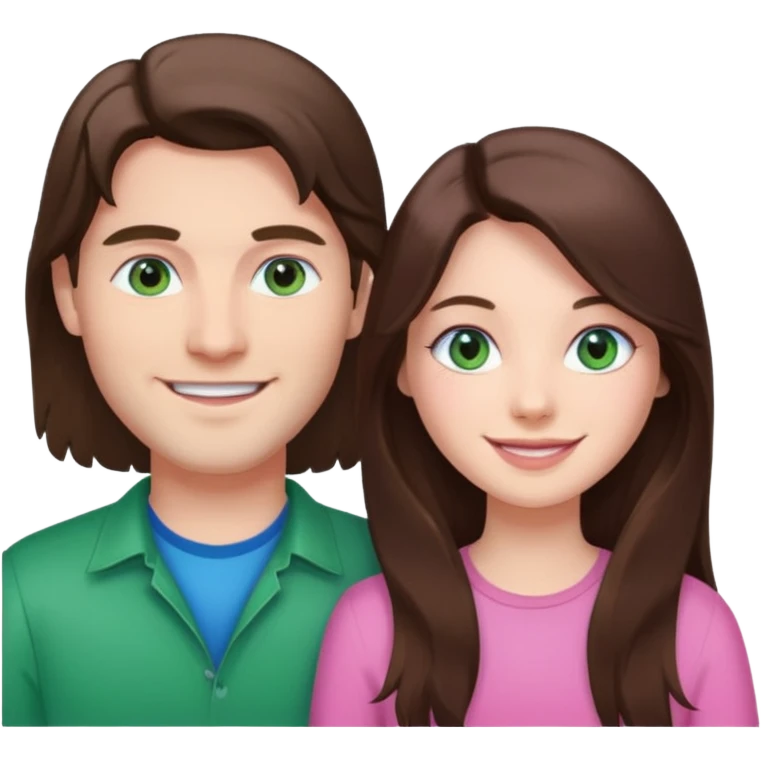 pink polaroid photo of a couple thats white with long brunette hair blue eyes and a white guy with brunette hair and green eyes emoji