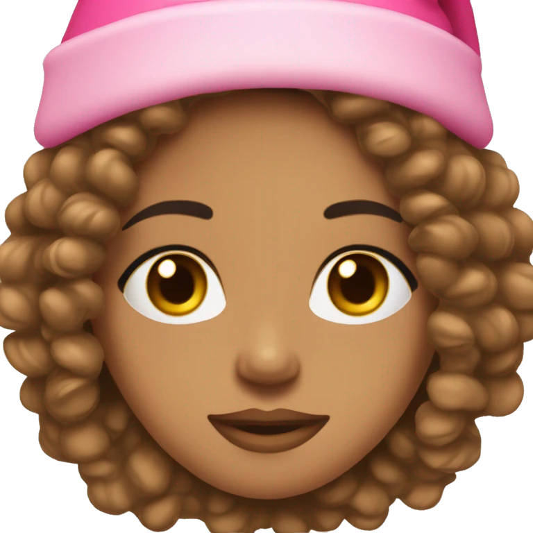 light brown skinned pretty woman with long black curly hair and almond brown eyes with pink christmas hat with big lips emoji