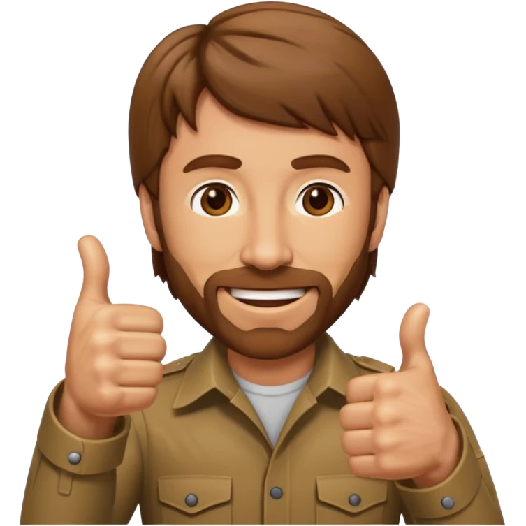 cartoon emoji of Chuck Norris, wild hair, confident grin, thumbs up emoji