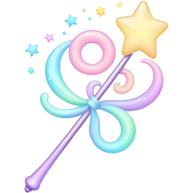 Cinematic cute magical wand, pastel swirls of color, tiny twinkling stars floating around, glowing softly, chubby rounded edges, whimsical and dreamy. emoji
