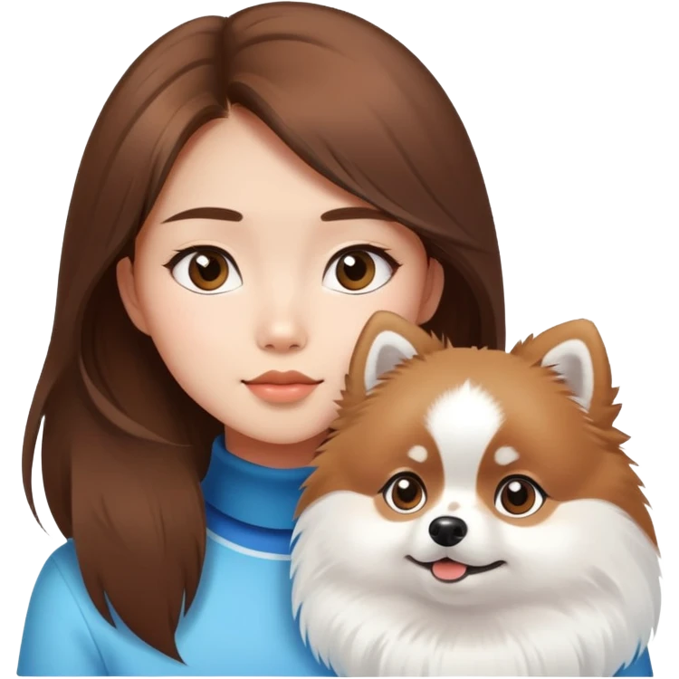 Brown hair asian girl look at arctic white Pomeranian  emoji