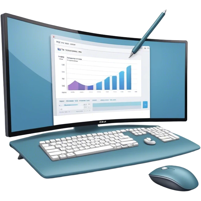 Create an emoji for UX/UI design. Large curved monitor, displaying UX/UI design interface. Include a mouse, keyboard, and stylus, symbolizing the design process. Use modern, professional colors. Do not include any emojis or smiley faces. Make the background transparent. emoji