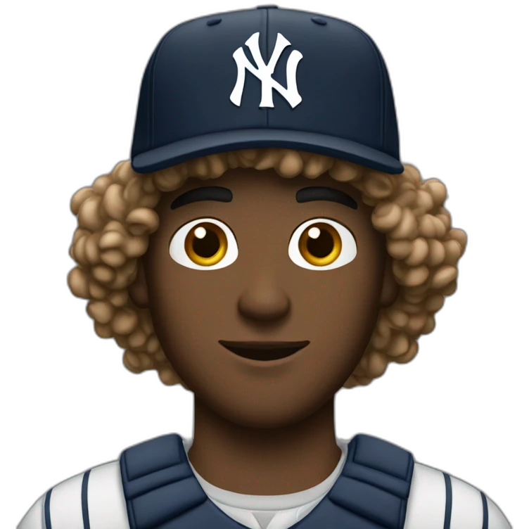 20yo curly hair man with a MacBook and a yankees cap emoji