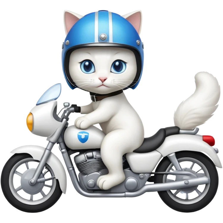 white cat with blue eyes riding motorcycle  emoji