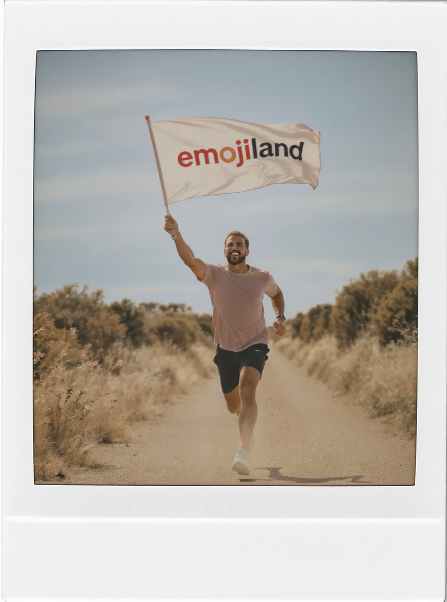 happy runner waving a flag that says 'emojiland' emoji