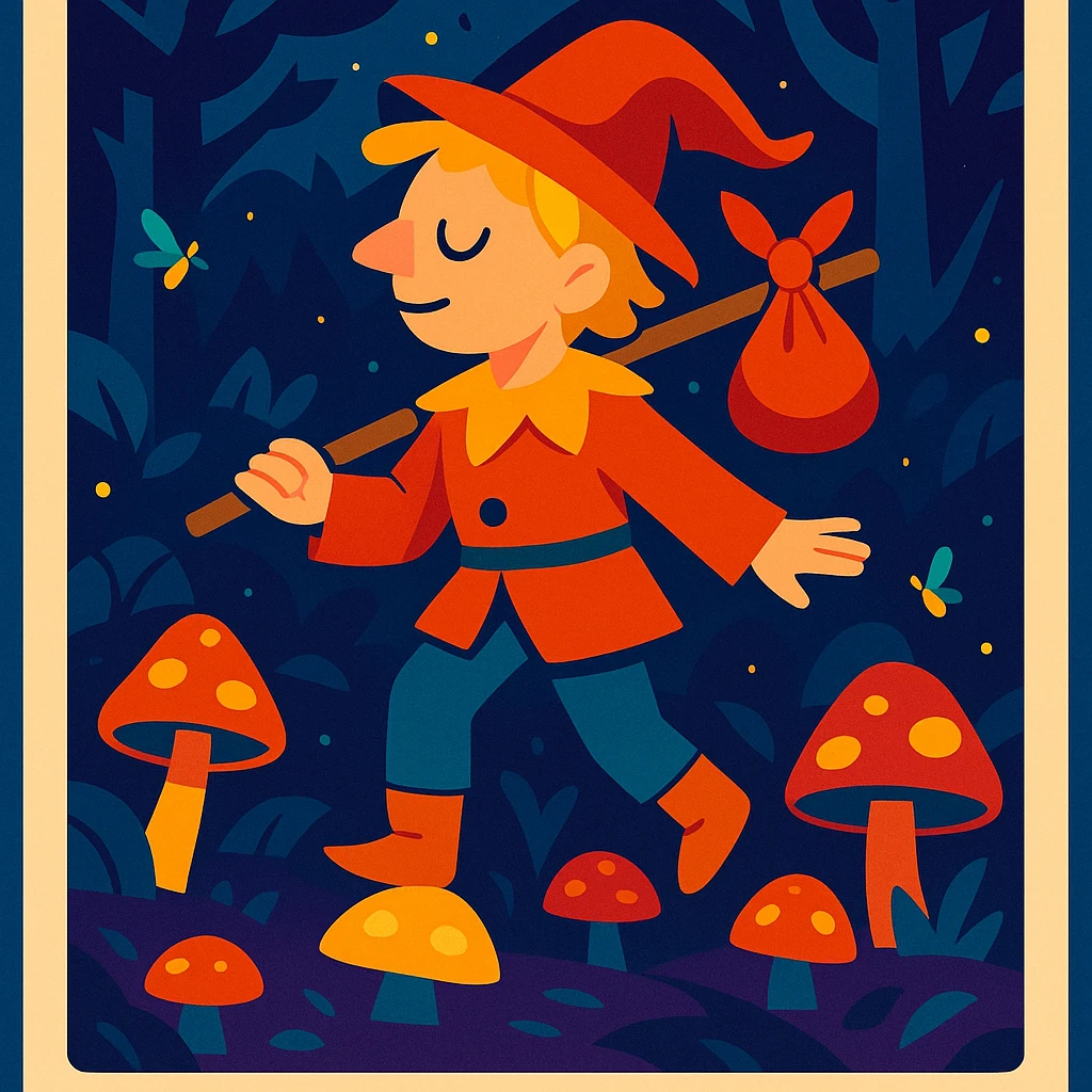 A tarot card featuring The Fool, set in a mystical forest with glowing mushrooms and fireflies, in a whimsical fantasy style. emoji