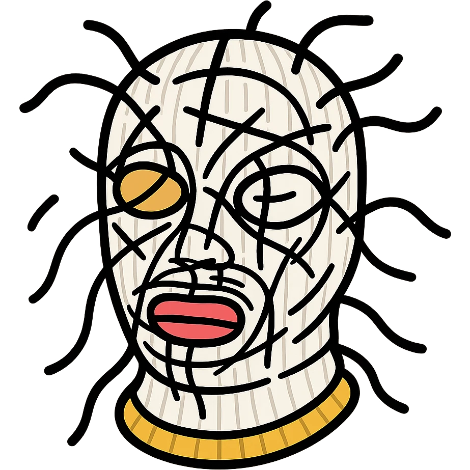 The mask is a full-head, white knitted balaclava with a tight ribbed texture. It features two asymmetrical eye openings and a partially exposed mouth area. Black thread is stitched across the surface in chaotic, abstract lines that trace facial features, giving a hand-drawn effect. Several black cords extend outward from the mask, varying in length and direction, adding a sculptural, almost organic appearance. The overall look is bold, handcrafted, and visually striking. emoji