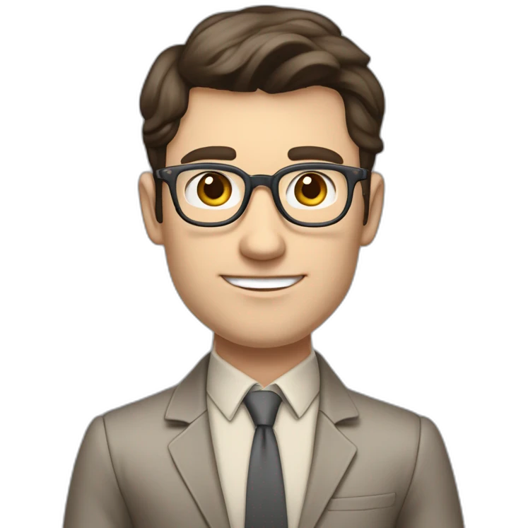 Pale skinned fit man with dark brown hair in gray jacket, beige office shirt, brown tie, brown pants and vintage glasses Writing text on the flipchart emoji