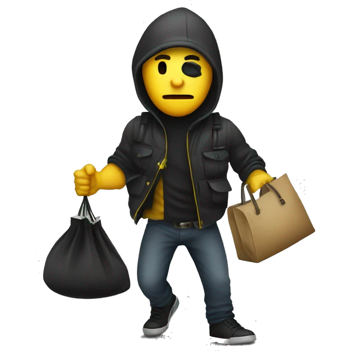 A robber with yellow skin carrying a bag full of money emoji