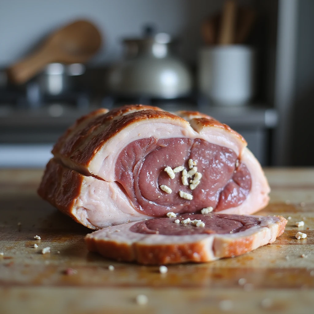 symbolic scene: pork meat slice cut in half, inside shows small white parasites despite cooking, modern kitchen background, Italian text: 'Attenzione: la cottura non elimina tutti i parassiti', 4K quality emoji