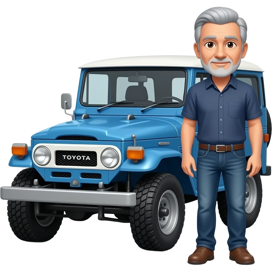 Toyota fj40 Land Cruiser emoji style with receding grey hair man in jeans and short sleeve shirt stand next to blue fj40 emoji