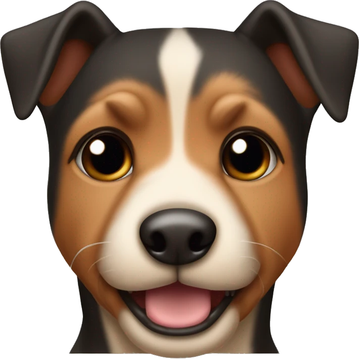Perro Pincher, gordito y viejito con la lengua fuera, color negro con las cejas marron y canas  emoji
