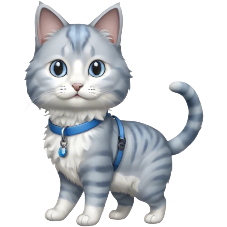 gray and white cat being walked on a blue leash emoji