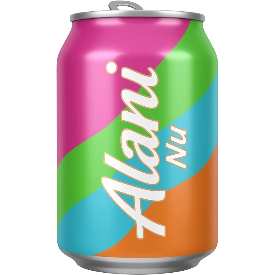 cute bright pink/bright green/bright blue/ bright orange, summery can that says Alani Nu emoji