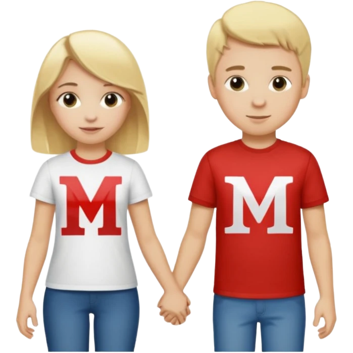 blonde girl and boy, girl with M letter shirt, boy with J letter, holding hands  emoji