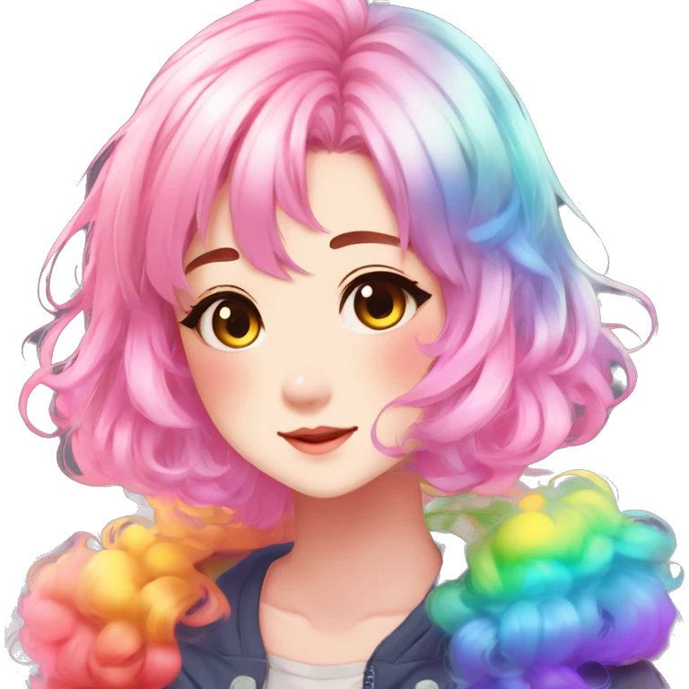 Gorgeous anime style shojo character with blushing face aesthetic and pretty colorful shiny gradient neon rainbow hair with hair garment trending style emoji