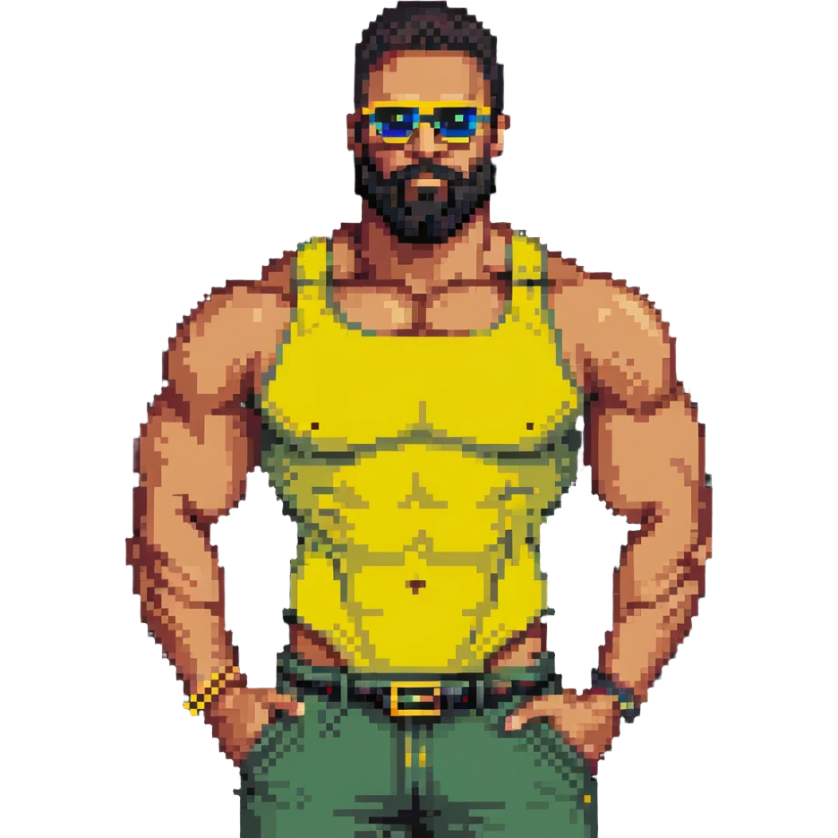 muscular man with black beard wearing yellow sunglasses emoji