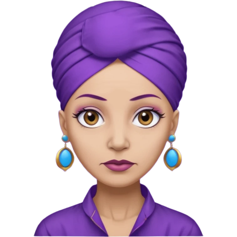 make her skin purple, she has no hair and her eyelashes are huge and she's old and and mean looking with a purple turban with big blue circle earrings and a purple big collared shirt emoji