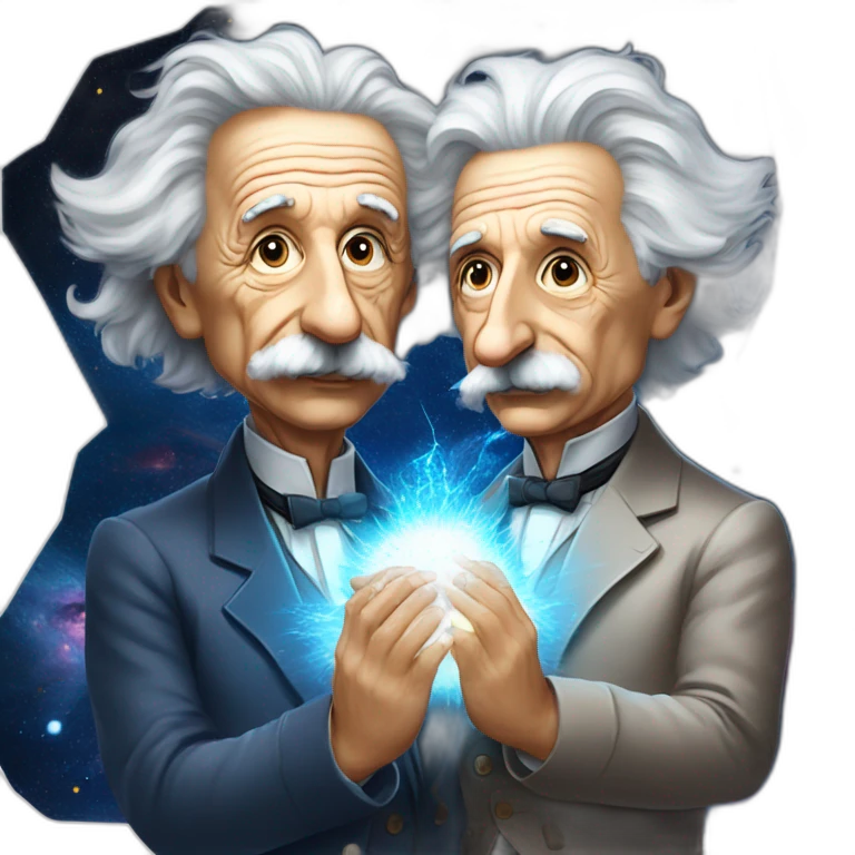 Albert Einstein with a galaxy ins his hands and Nikola Tesla with beams on his Hands back to back emoji