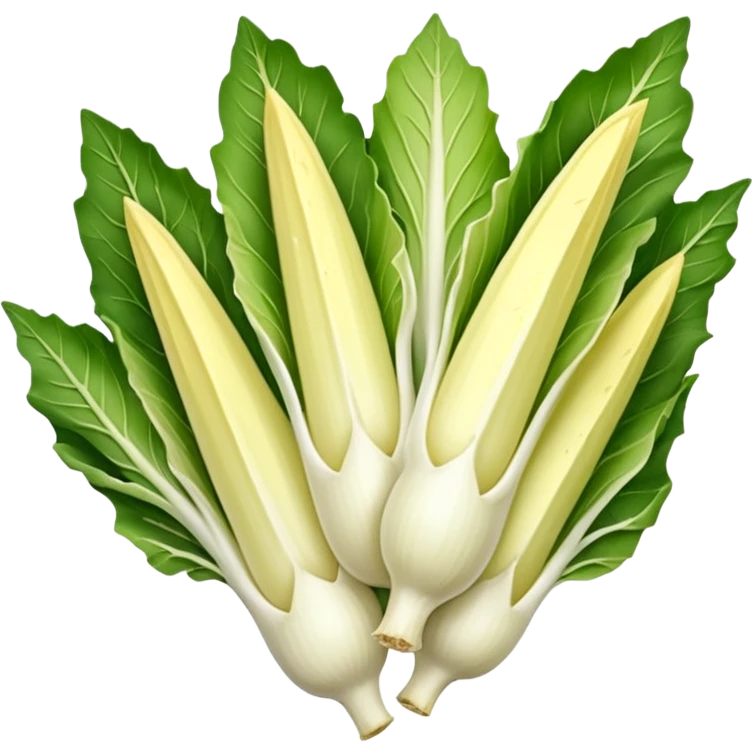 Belgian endive, whole, elongated and compact, pointed tip, tightly packed leaves, pale yellow to green outer leaves, creamy white base, smooth and crisp, subtle veins, 3D clean style, no faces, transparent background emoji