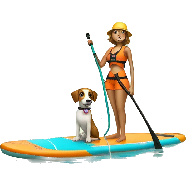 stand up paddle board with girl and dog in life jackets  emoji