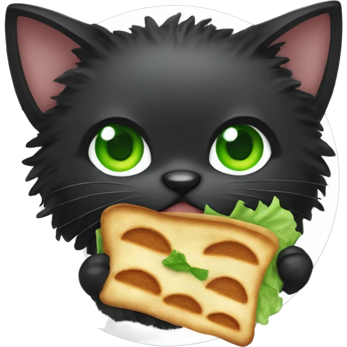 black super hairy cat with green eyes eating a panini emoji