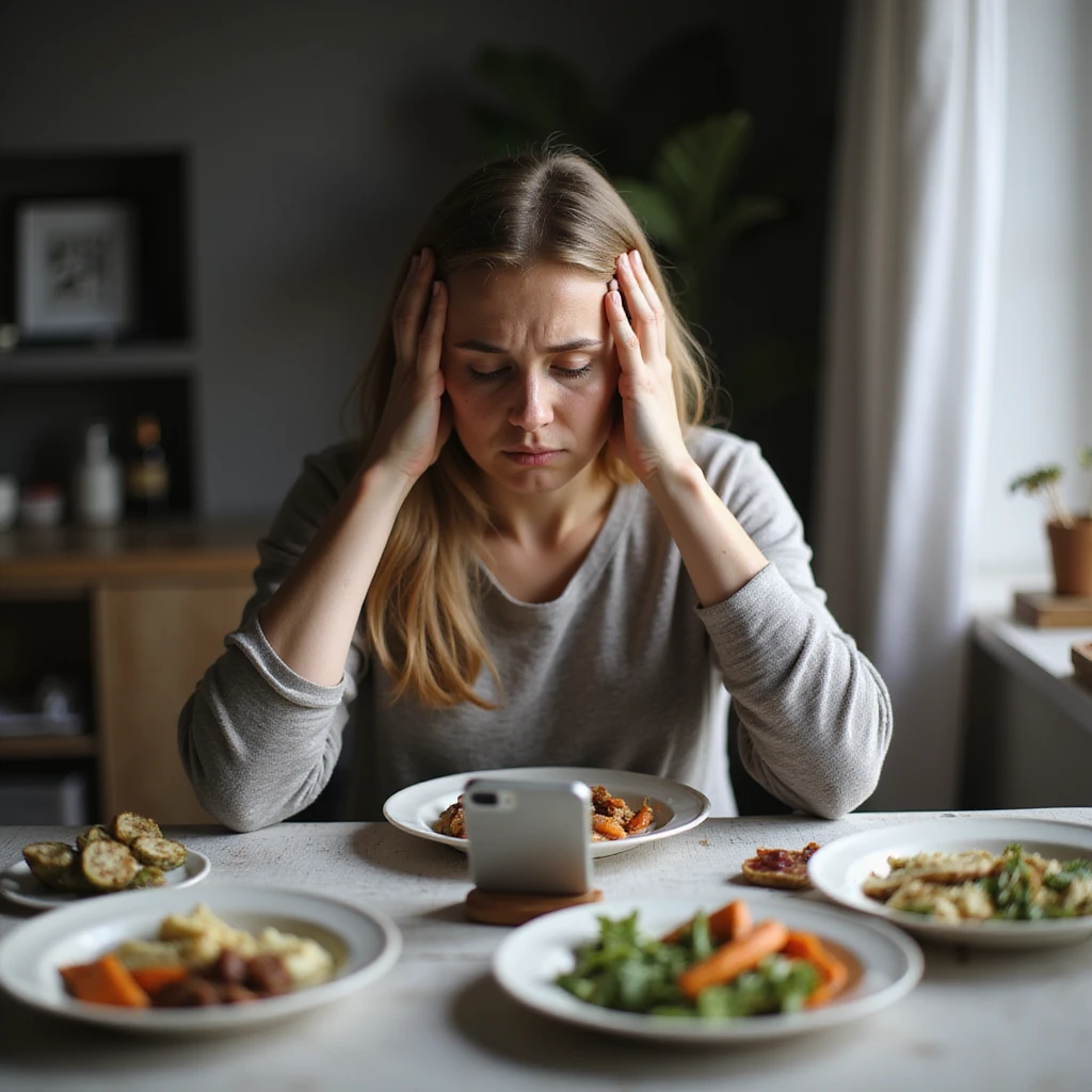 adult woman, photorealistic, diet not working, unable to lose weight, sad expression, sitting at table with diet plates, counting calories on an app, atmosphere of frustration, natural light, kitchen background emoji