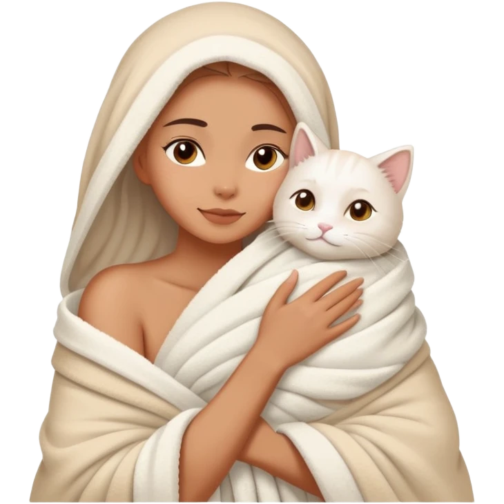 A beautiful woman wrapped in a blanket after taking a bath hugs a white cat emoji