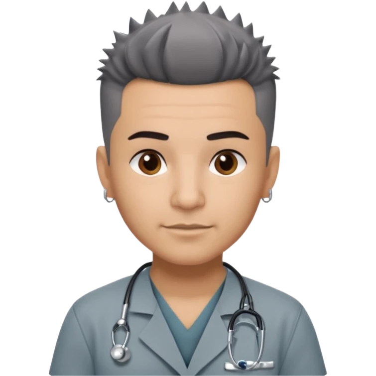 Dr. Efrén Rivera Santiago, a doctor with short spiked hair, gray scrubs, tattoos, and hook earrings, exudes professionalism and warmth. emoji