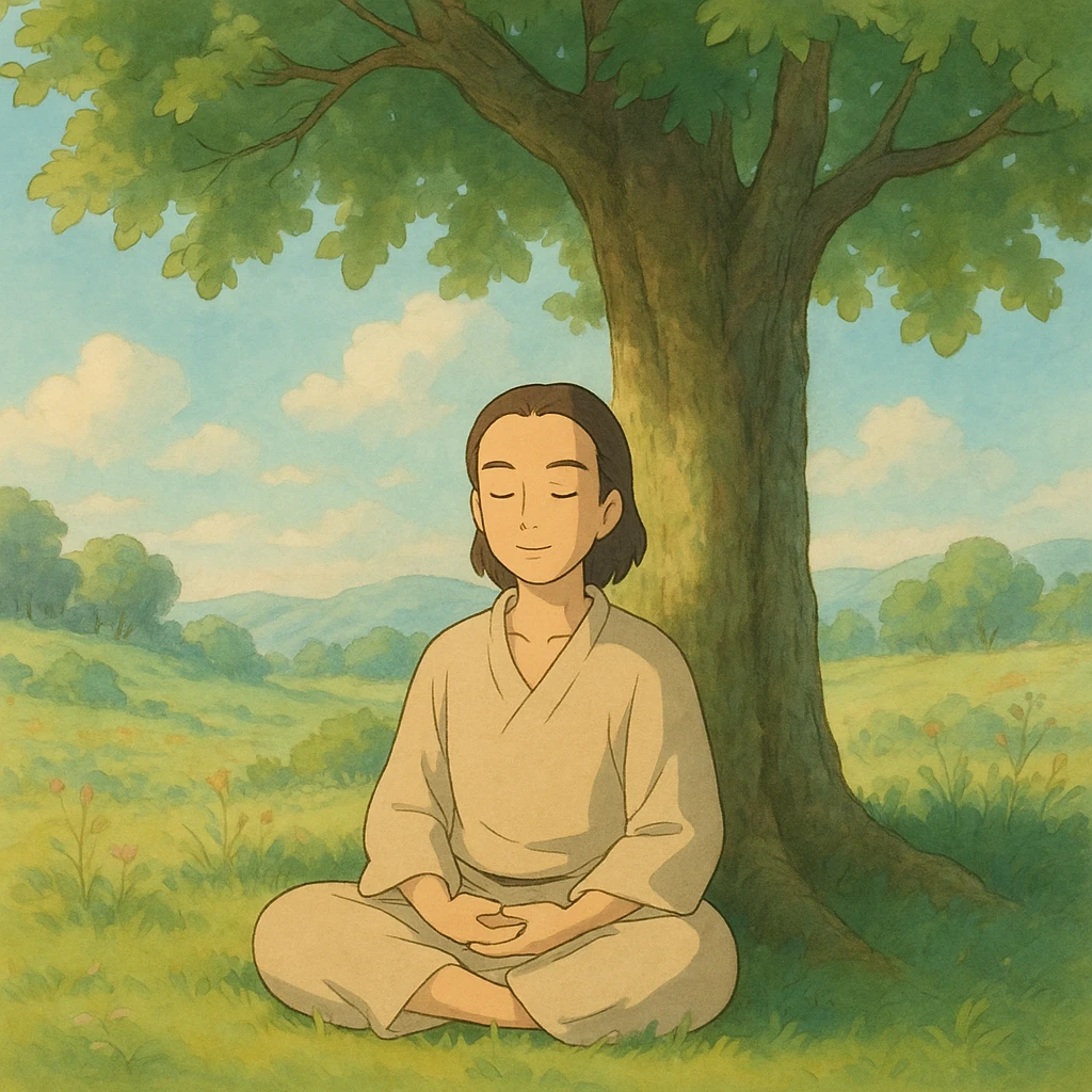 inner peace as a serene person meditating under a tree, soft colors, ghibli style emoji
