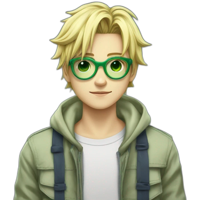 Un grand adolescent blond aux cheveux moyennement courts a lunettes avec du duvet , un sweat hunterxhunter vert avec la tête de gon freecs , ainsi qu'un jean qui tombe sur ses chaussures emoji