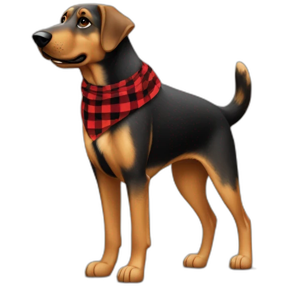 adult 75% Coonhound 25% German Shepherd mix dog with visible tail wearing small pointed red buffalo plaid bandana full body walking left emoji