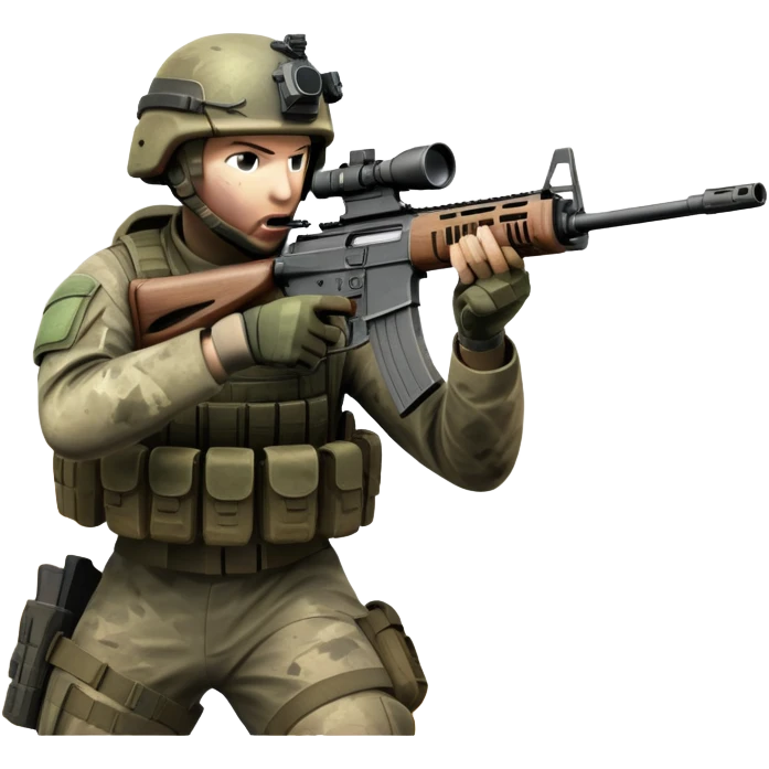 An icon showing a soldier in combat gear, aiming with a rifle in a war-torn environment, inspired by Call of Duty Modern Warfare 2. The design features explosions, smoke, and a tense battlefield. The action-packed atmosphere is highlighted with dynamic effects. Transparent background. emoji